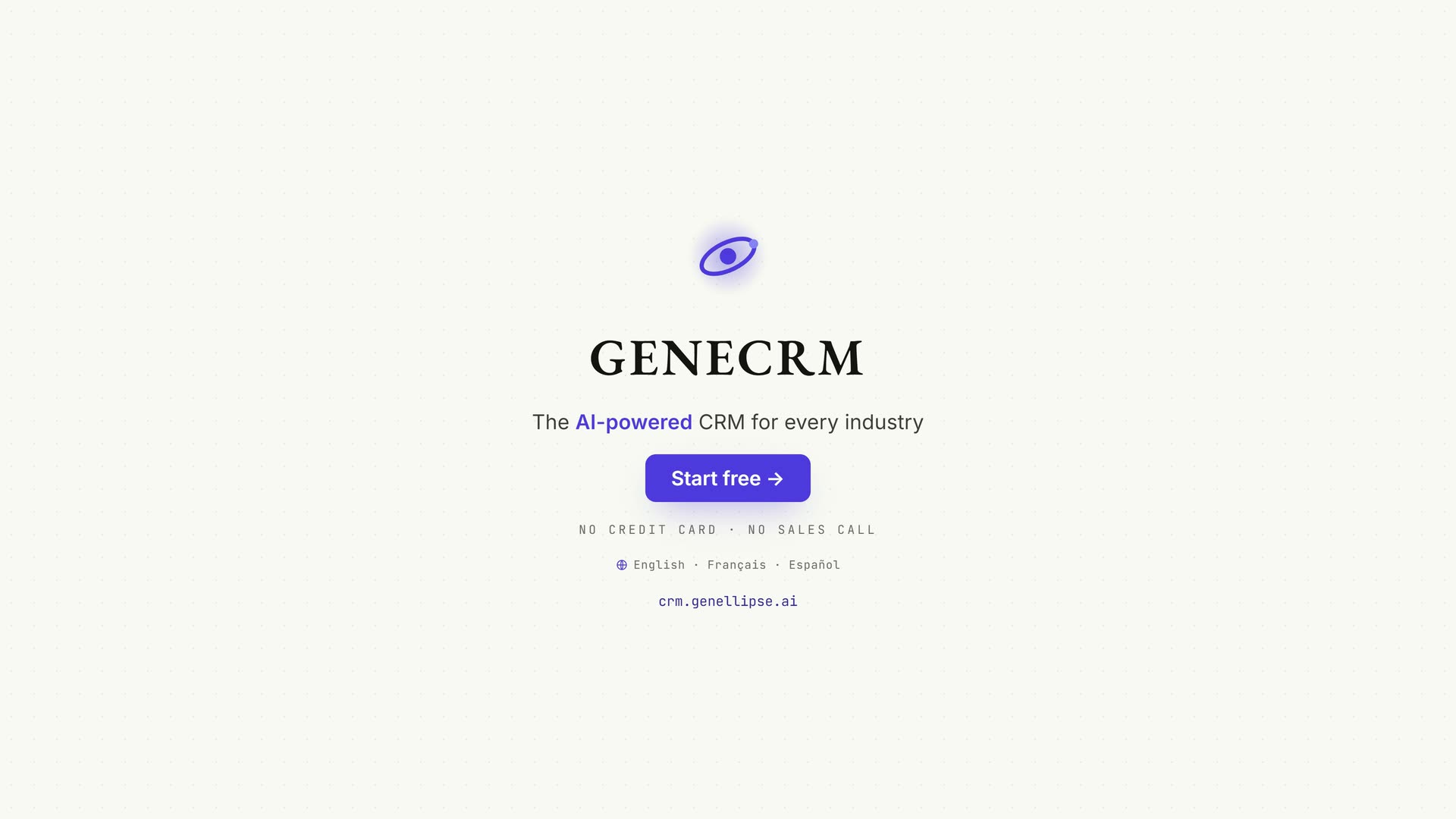 End card from the GENECRM overview film: the GENECRM wordmark above the tagline The AI-powered CRM for every industry, with a Start free button and the address crm.genellipse.ai, on a warm paper background.
